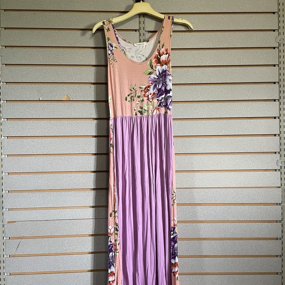 Viamor Purple Floral Tank Maxi Dress‎ Sz M Long Elastic Waist